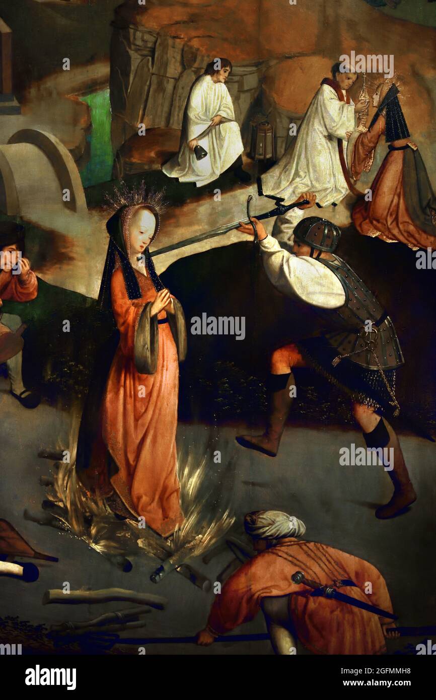 The Martyrdom of Saint Lucy  Master of the Figdor Deposition 1505 - 1510  Dutch, The Netherlands oil on panel,  132cm ×  101cm  After breaking off her engagement to a Roman consul to become a Christian, Lucy endured many tortures, yet she remained steadfast. She was eventually executed by the sword, as seen here. Stock Photo