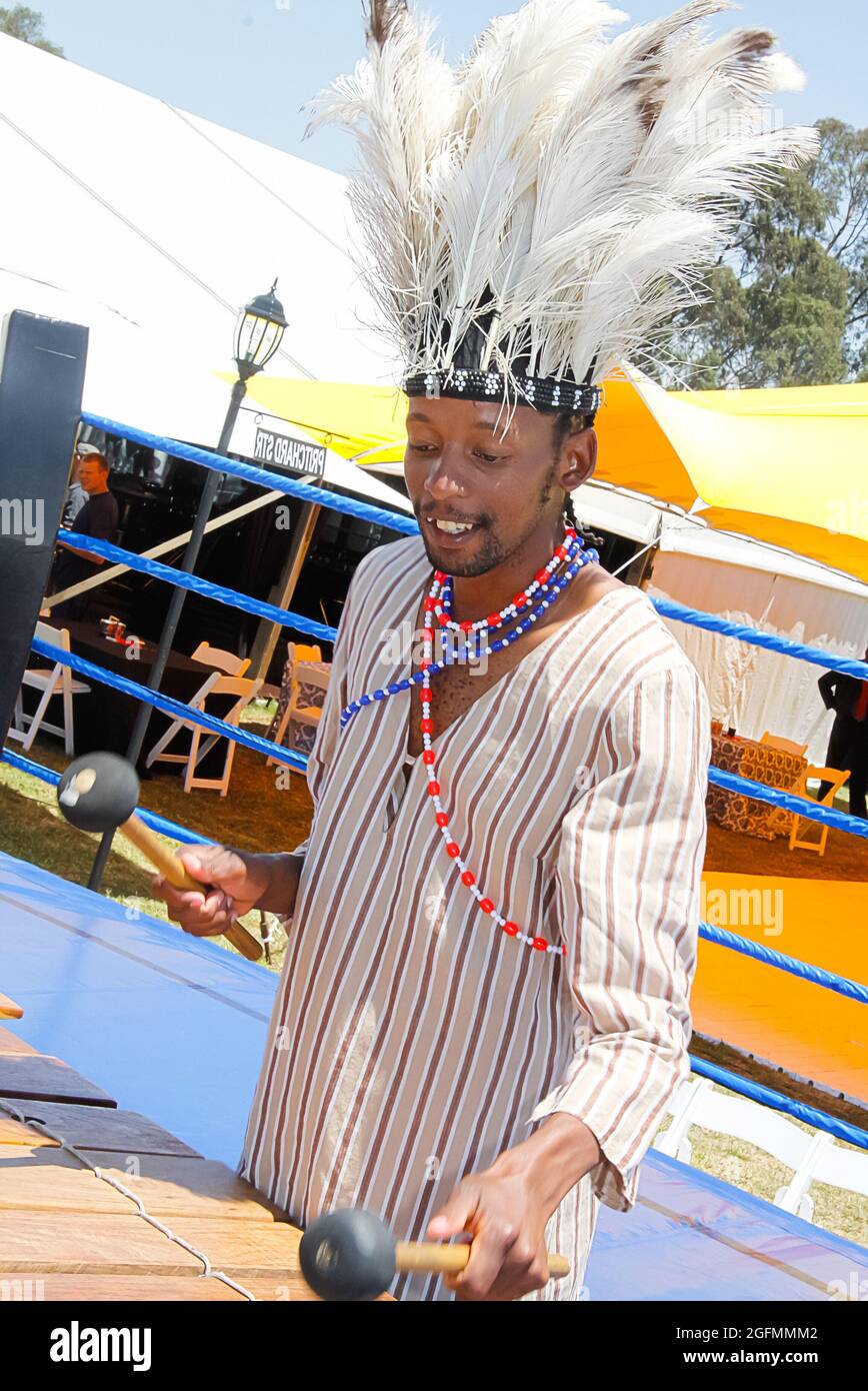 JOHANNESBURG, SOUTH AFRICA - Apr 24, 2019: traditional African artists performing live with xylophone and feathers Stock Photo