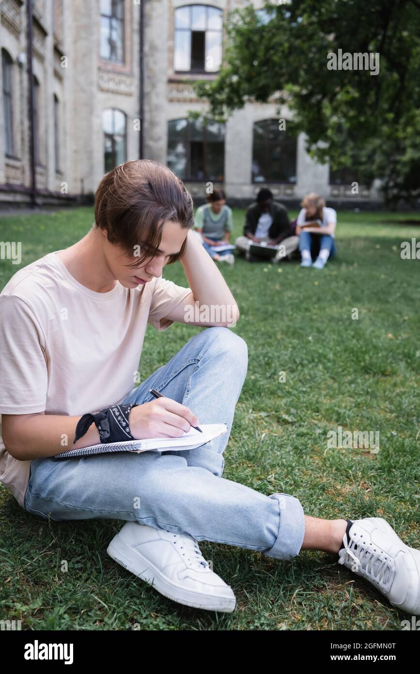 Student writing on notebook on lawn outdoors Stock Photo
