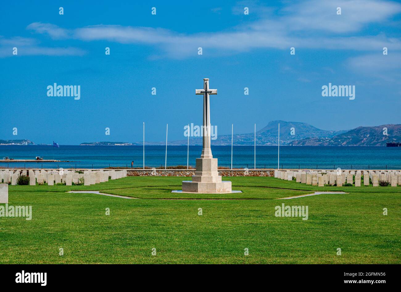 Suda Bay War Cemetery, near Chania (Xania) on the island of Crete, Greece - With automatic watering system in operation Stock Photo
