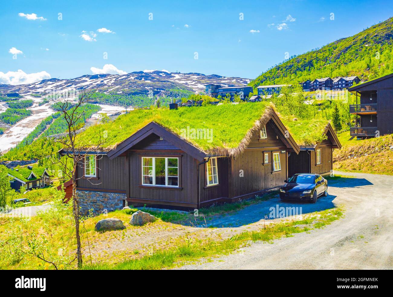 Beautiful landscape panorama of Norway Hemsedal Skicenter with Mountains  cabins huts and cloudy sky Stock Photo - Alamy