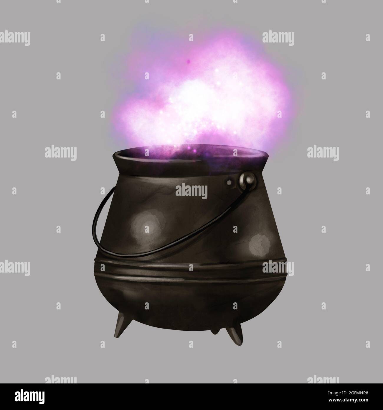 hand-drawn witch's cauldron with a purple potion on an isolated grey ...