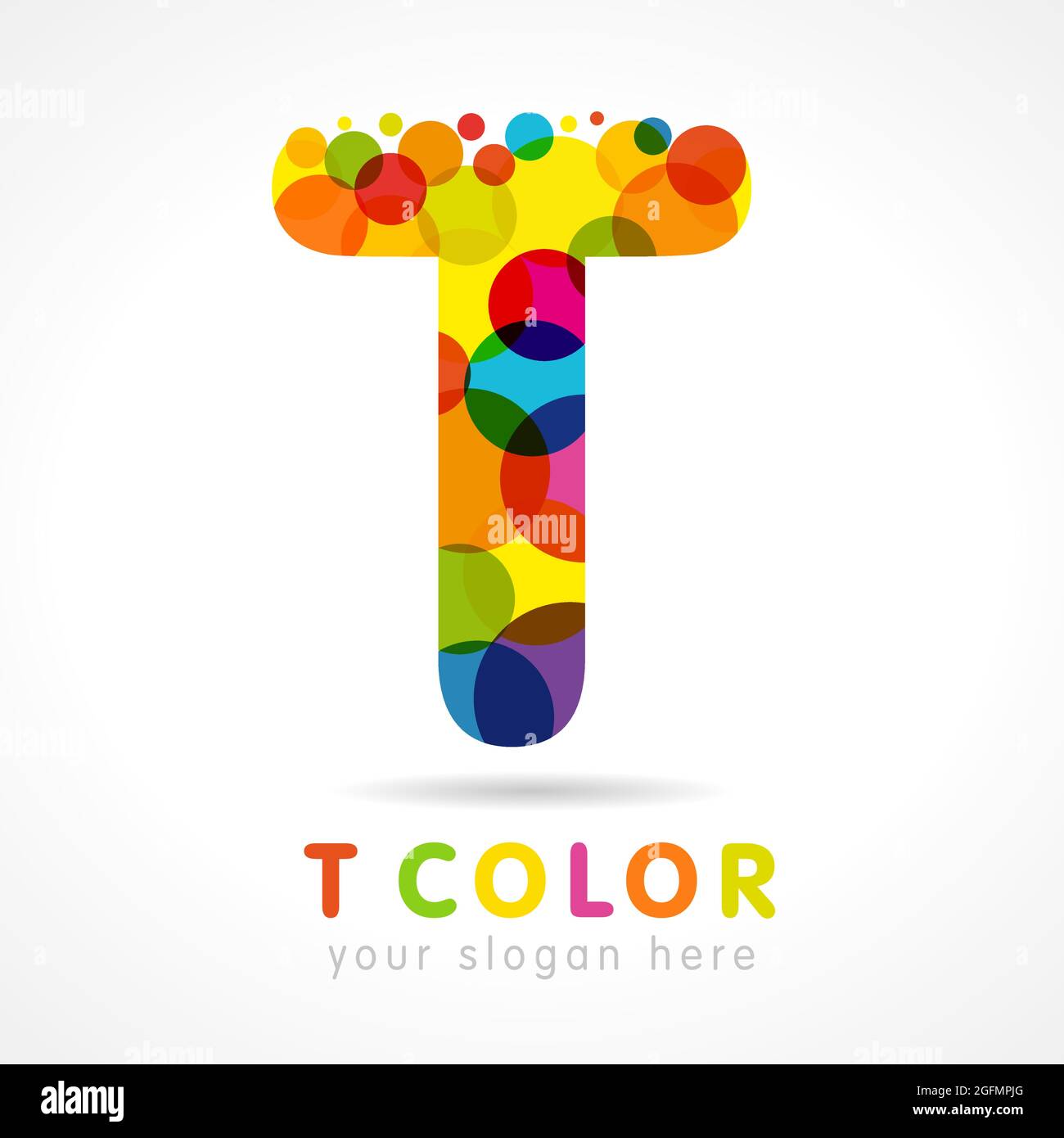 Letter T name logotype. Isolated colour emblem. Stained glass pattern graphic template. Multicolored bunch. Corporate soft branding identity. Vector m Stock Vector