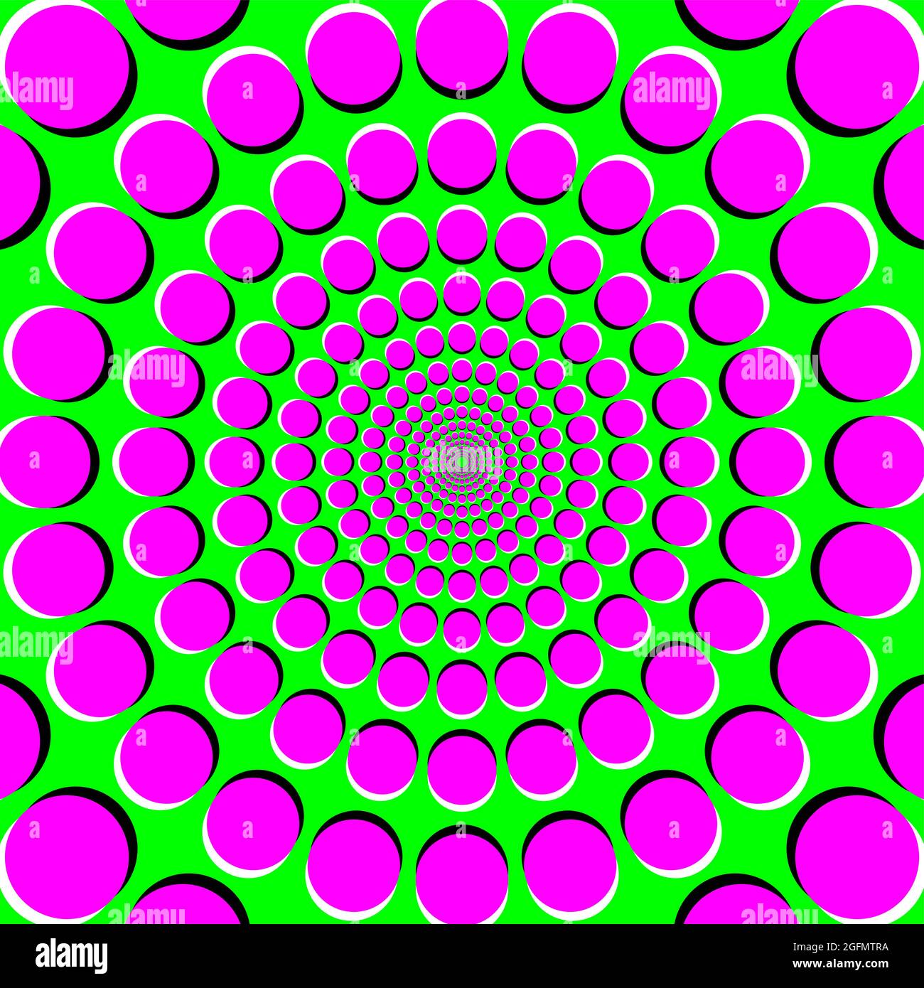 Peripheral drift illusion, PDI, a motion illusion on green background. It seems, the colorful magenta dots become bigger or drift outside. Stock Photo