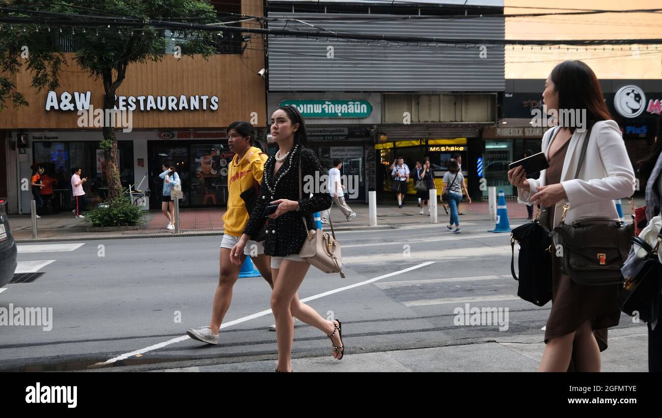 Happy People at Siam Square Shopping Area Pre-Pandemic No Mask No Lockdown Bangkok Thailand Stock Photo