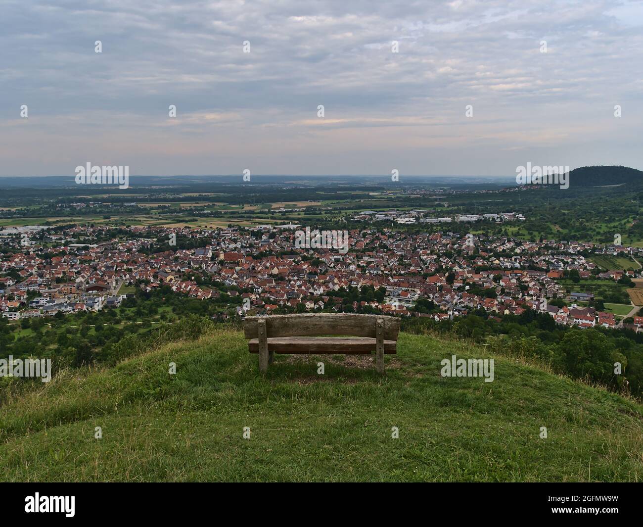 Panoramic view over small town Weilheim an der Teck, Baden-Württemberg, Germany, located on the foothills of Swabian Alb, on cloudy summer day. Stock Photo