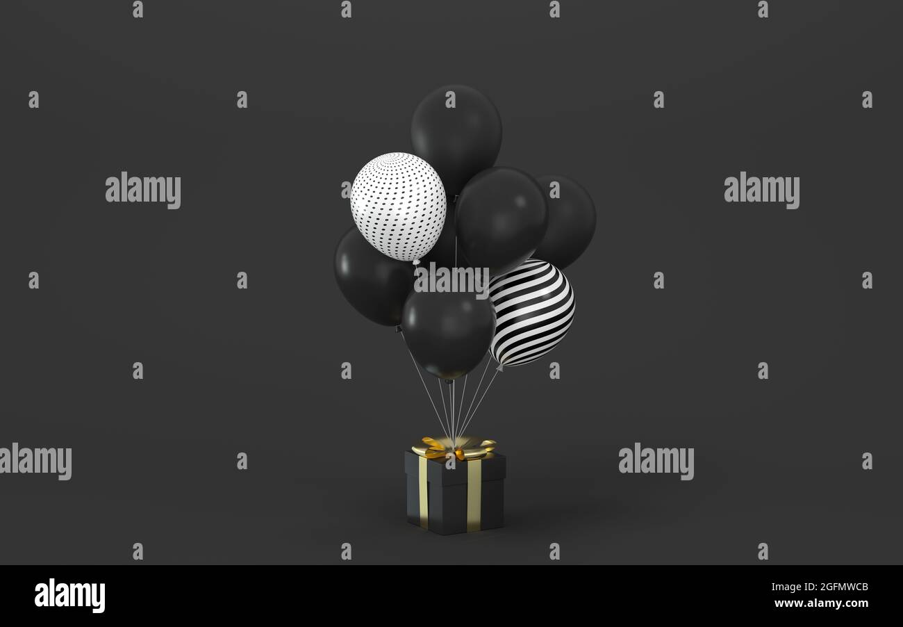 Balloons and presents with black background, 3d rendering. Computer ...