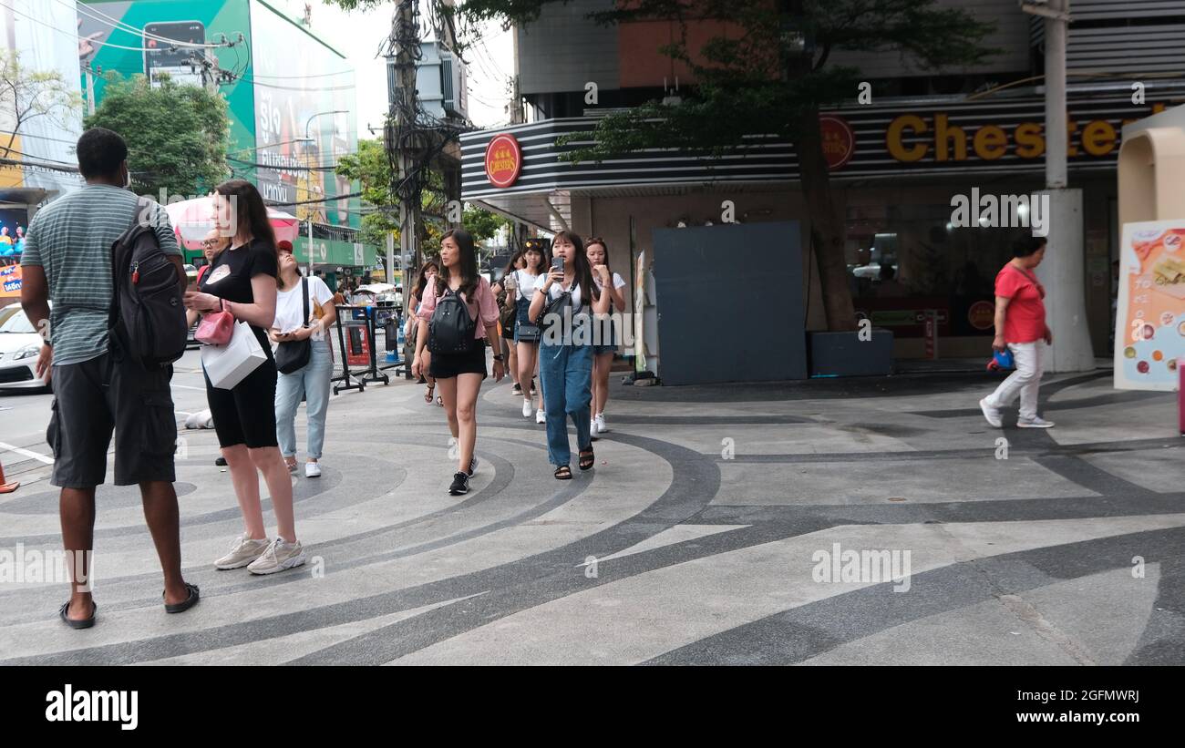 Happy People at Siam Square Shopping Area Pre-Pandemic No Mask No Lockdown Bangkok Thailand Stock Photo