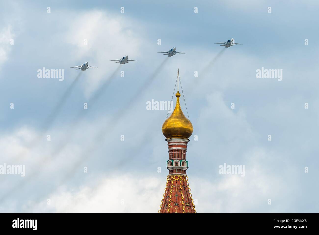 May 7, 2021, Moscow, Russia. Russian front-line Su-24 bombers over Red Square in Moscow. Stock Photo