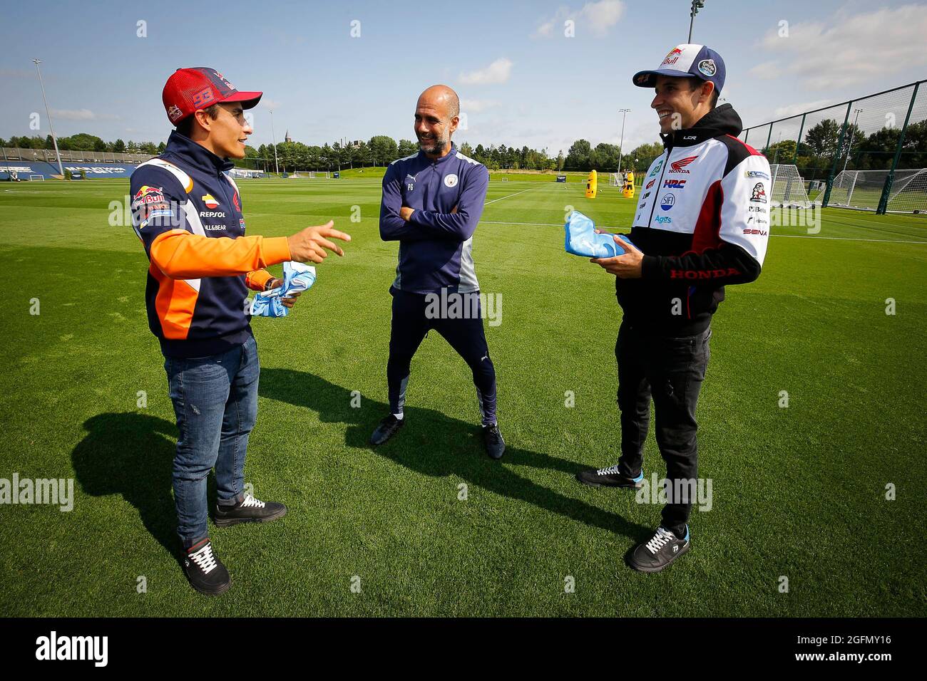 Marc Marquez and Alex Marquez visit Manchester City Football Club ahead of  the British GP. Manchester. August 25, 2021 In picture: Pep Guardiola, Marc  Marquez and Alex Marquez Marc Marquez y Alex