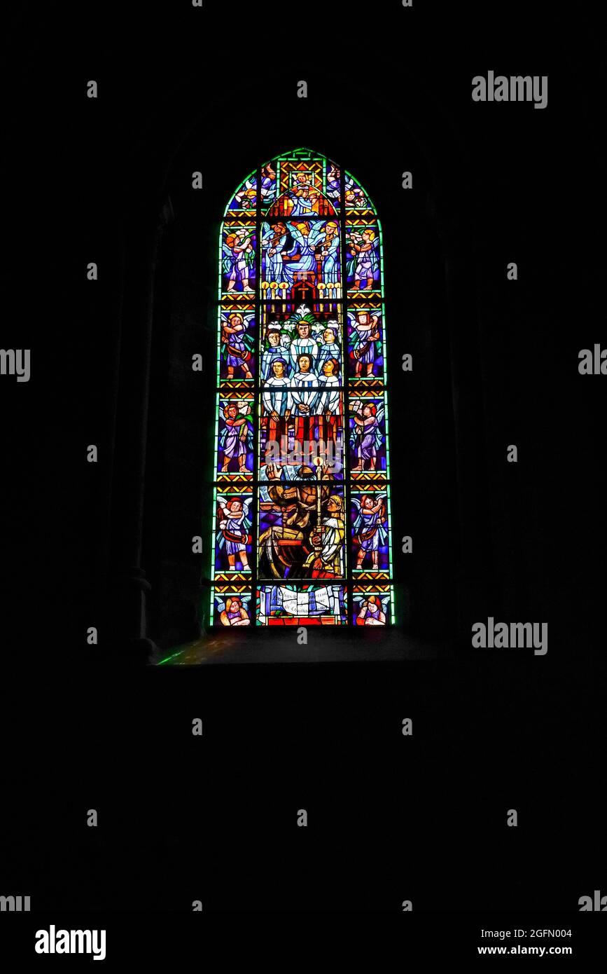 Stained glass window, Cathedral of Notre Dame of Lausanne. Switzerland. Lausanne is a city Stock Photo
