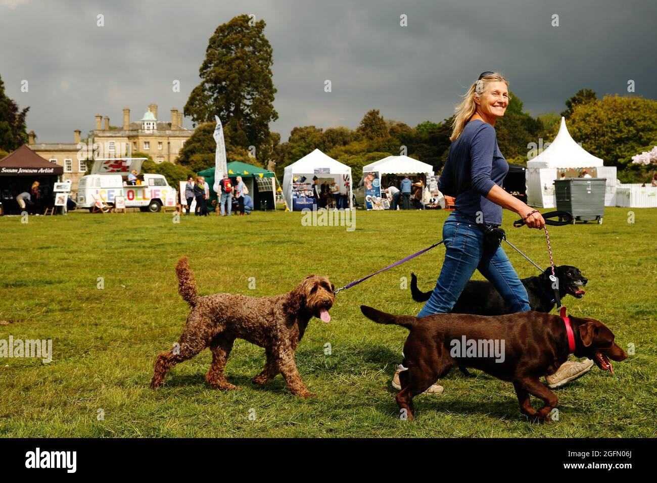 Owner Pauline Swaine and her dogs attend the Dogstival, festival for dogs at Pylewell Park near Lymington, in the New Forest, UK Saturday 18 May, 2019 Stock Photo