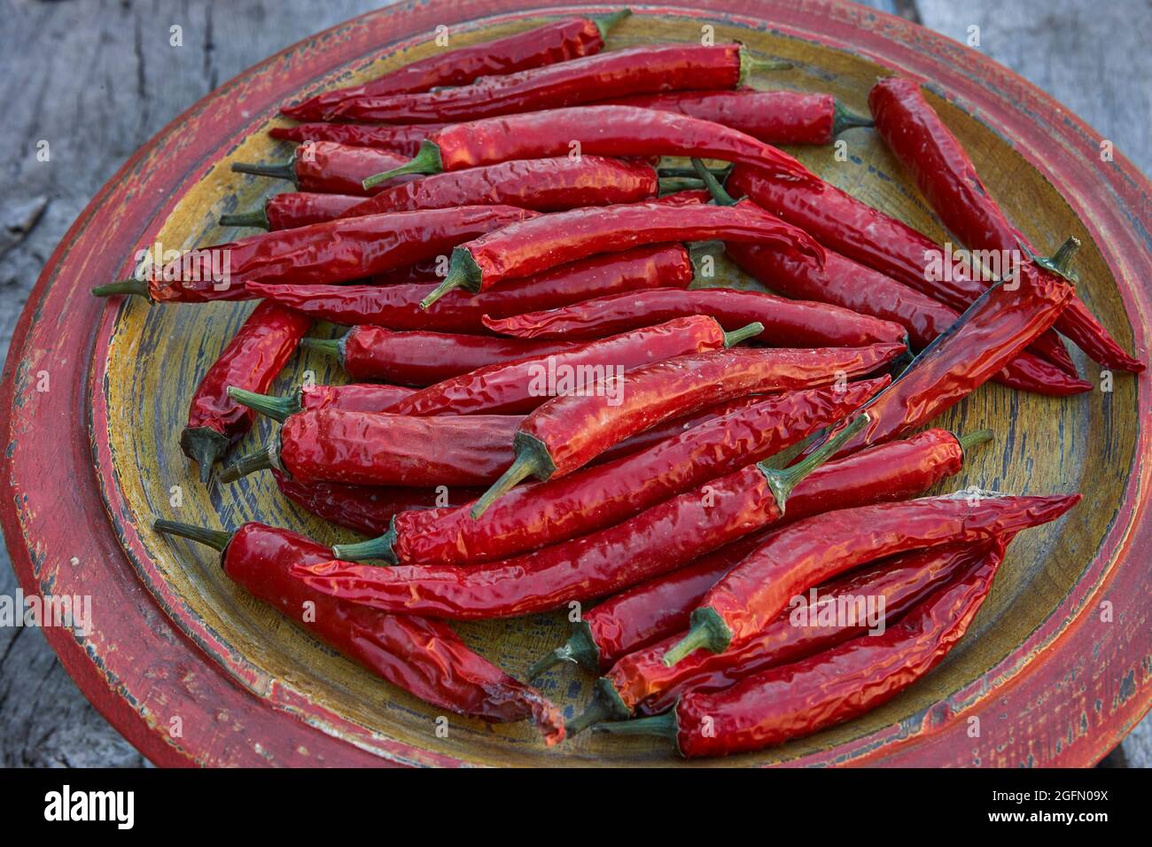 Italian long red peppers drying on earthenware plate Stock Photo