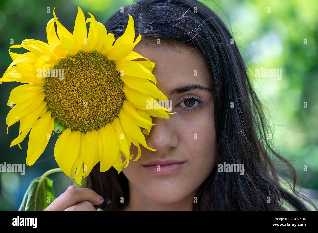 Portrait of a woman holding a sunflower over her face Stock Photo - Alamy