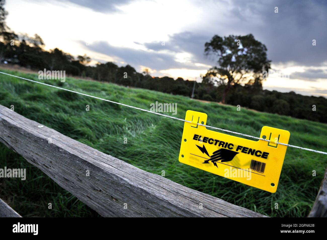 Warning sign on electric fence. Western Australia Stock Photo
