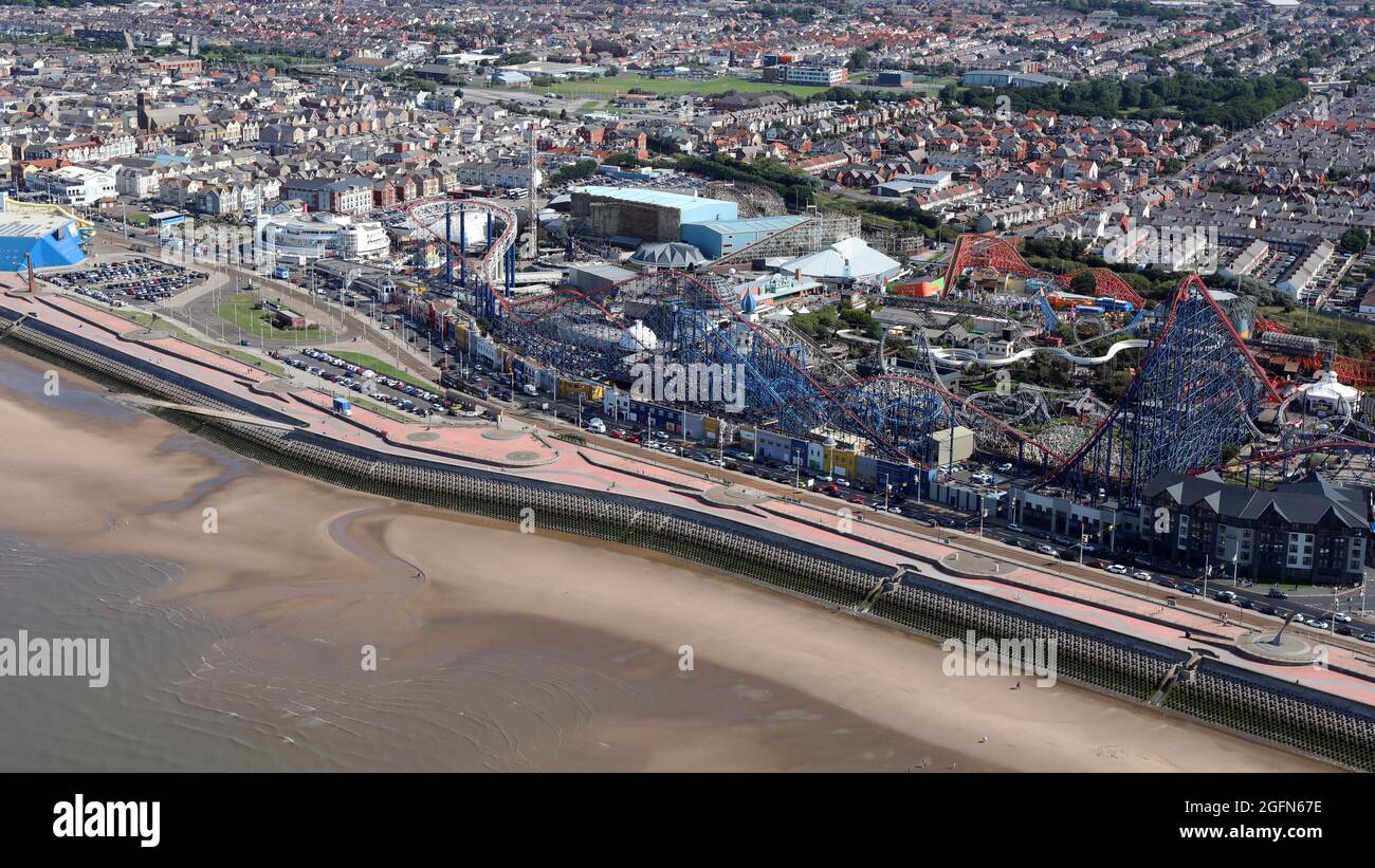 aerial view of Blackpool Pleasure Beach and part of the Golden Mile beach, Blackpool Stock Photo