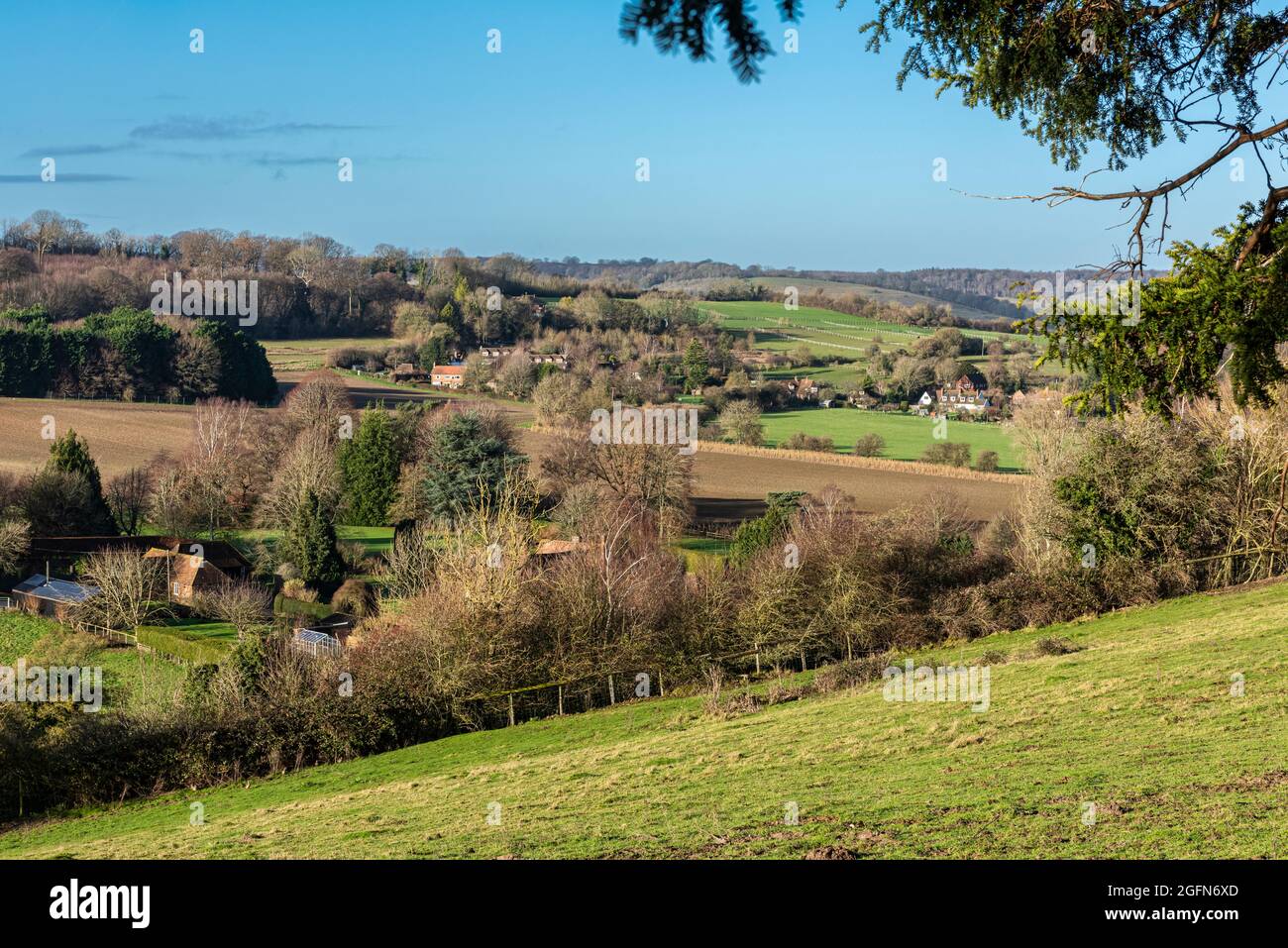 View across the Wye downs from Crundale Church near Ashford in Kent, England Stock Photo