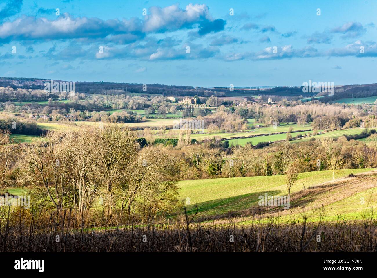 View across to Chilham and Chilham castle from the Wye downs near Crundale, Ashford, Kent Stock Photo