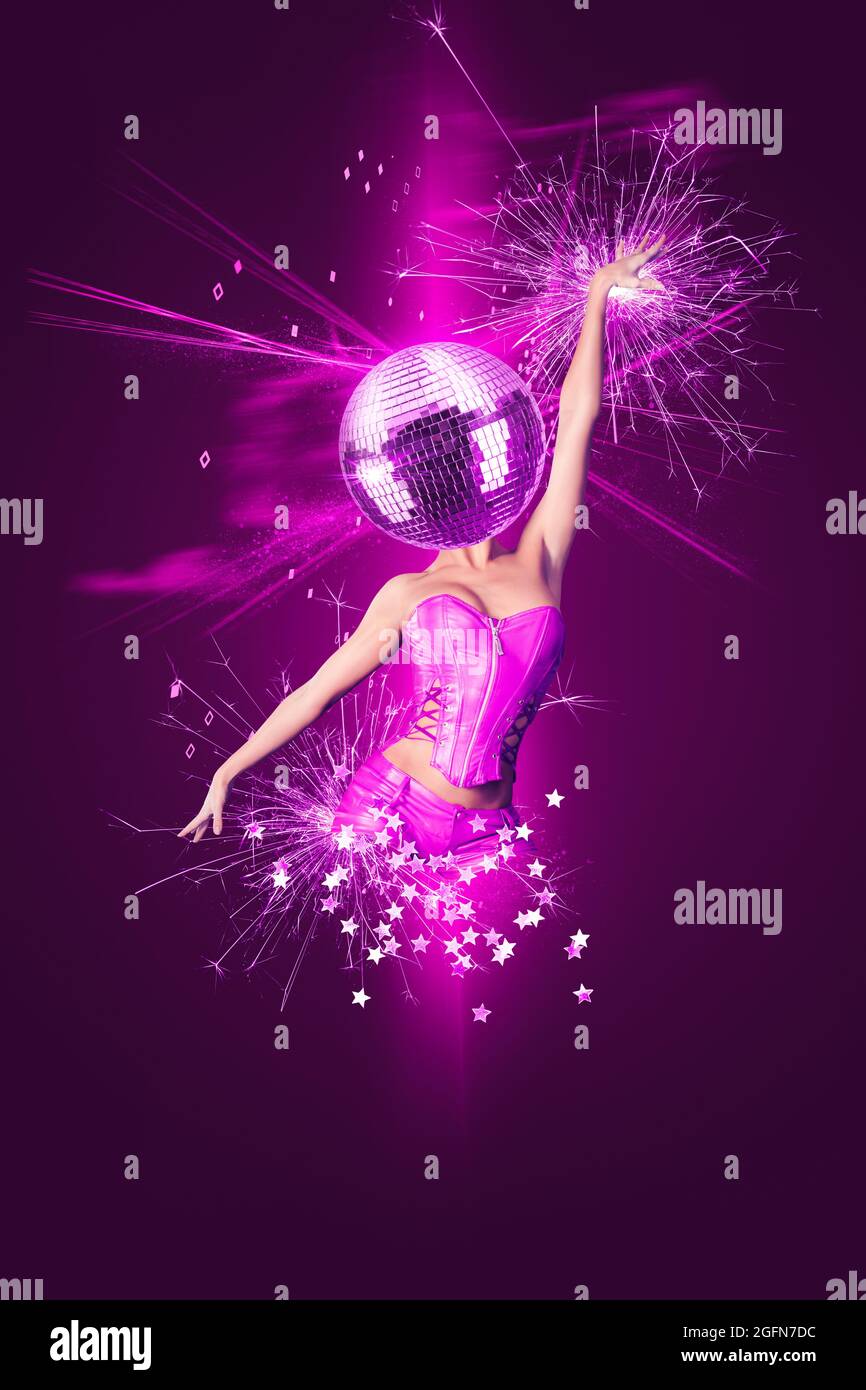 Modern abstract art collage of a woman with disco ball head at night club Stock Photo