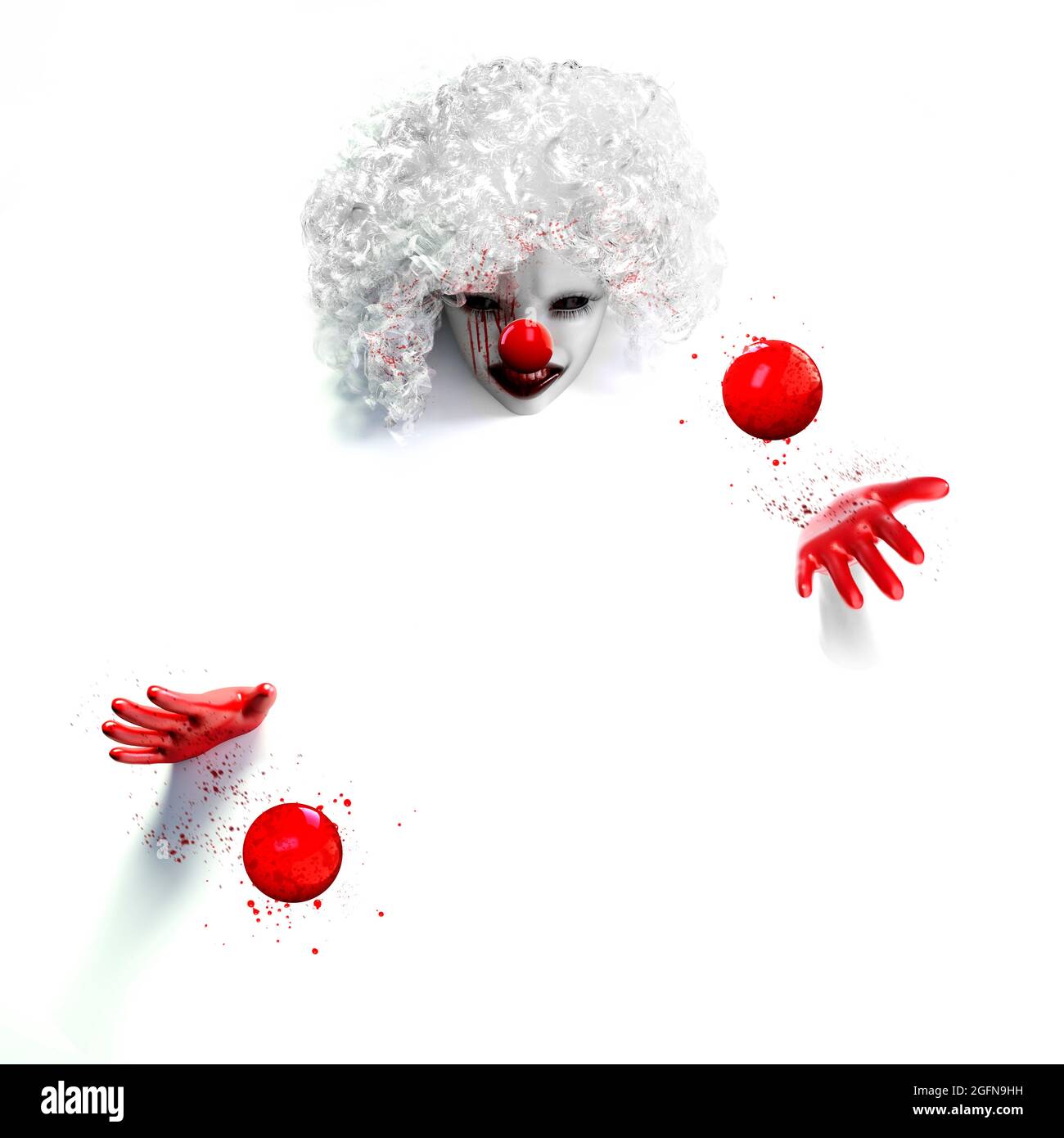 3d horror render illustration of scary evil female killer clown with white hair anf blood splatter on her face, juggling bloody red balls on white bac Stock Photo