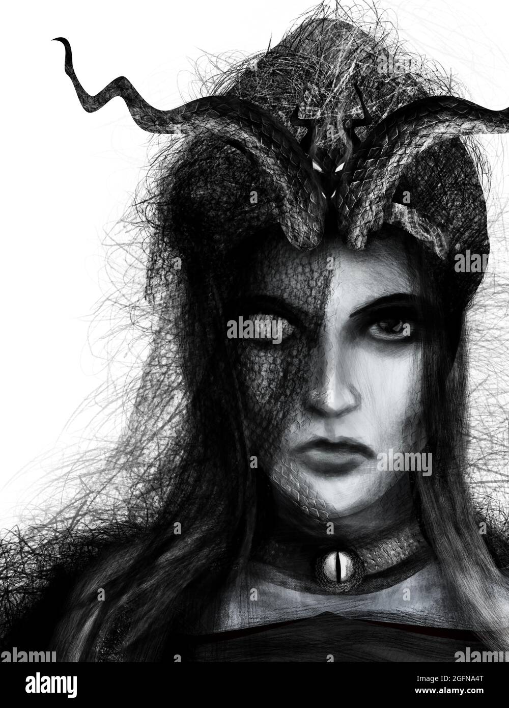 Fantasy pencil drawn black and white female witch goddess portrait with dragon crown and lizard eye necklace. Stock Photo