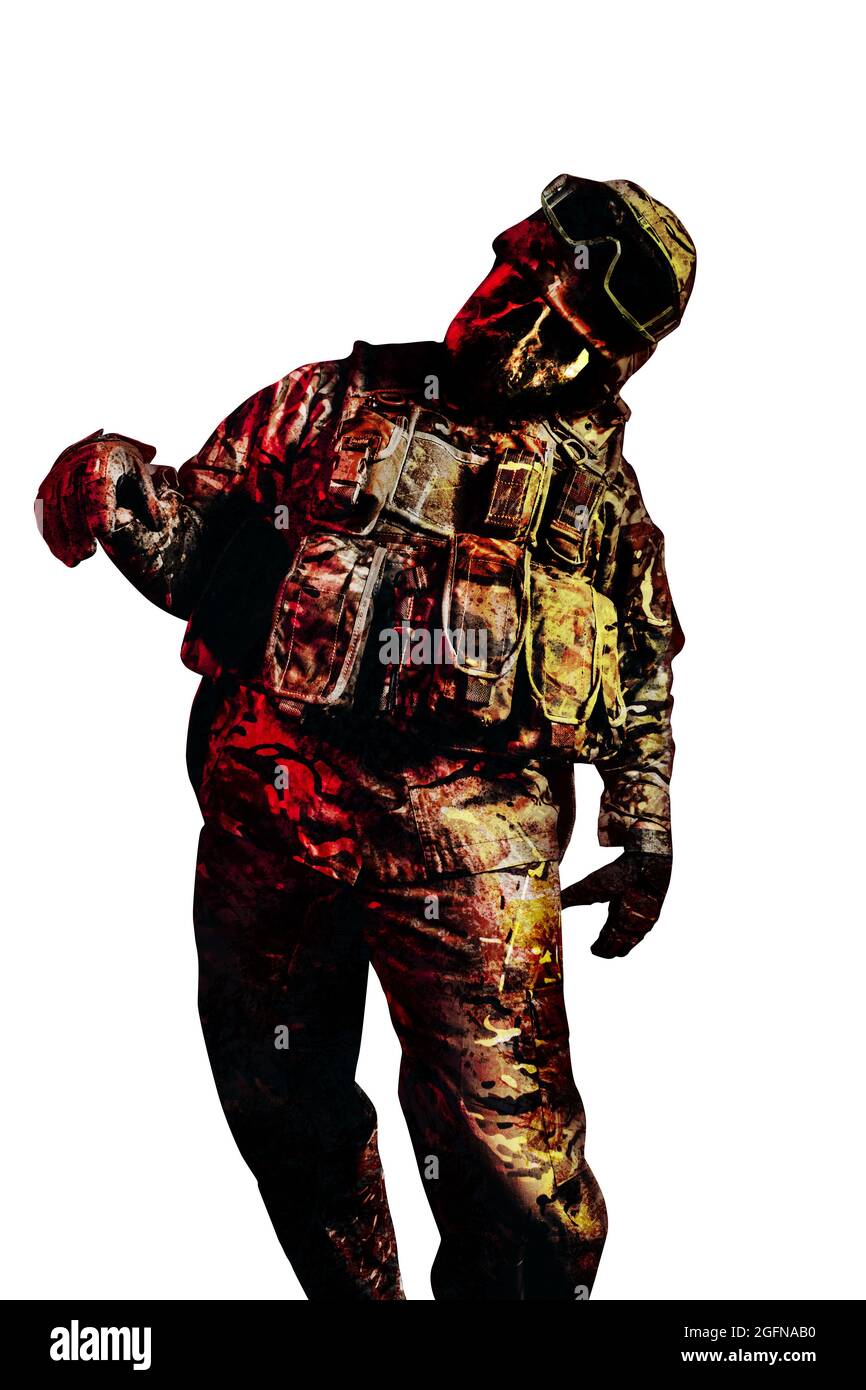 Isolated photo of undead zombie soldier in uniform and armored clothing  walking pose on white background Stock Photo - Alamy, image size:866x1390
