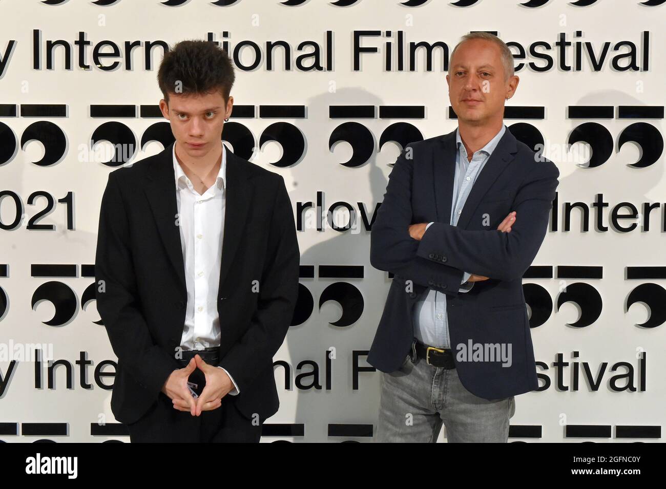 Karlovy Vary, Czech Republic. 26th Aug, 2021. Actor Leon de La Vallee, left, and director Claudio Cupellini, rigth, attended presentation of the film The Land of the Sons at the 55th Karlovy Vary International Film Festival (KVIFF), on August 26, 2021, in Karlovy Vary, Czech Republic. Credit: Slavomir Kubes/CTK Photo/Alamy Live News Stock Photo