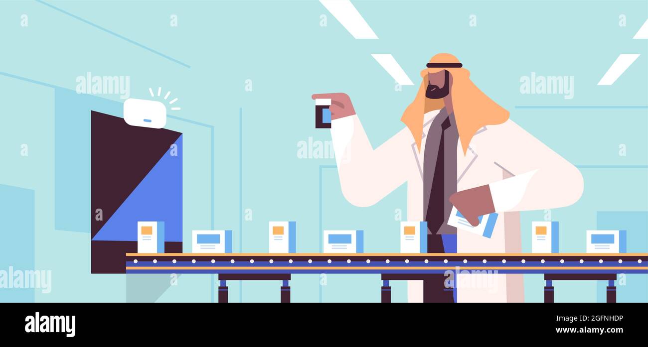 arab man operator controlling medicine production filling on conveyor