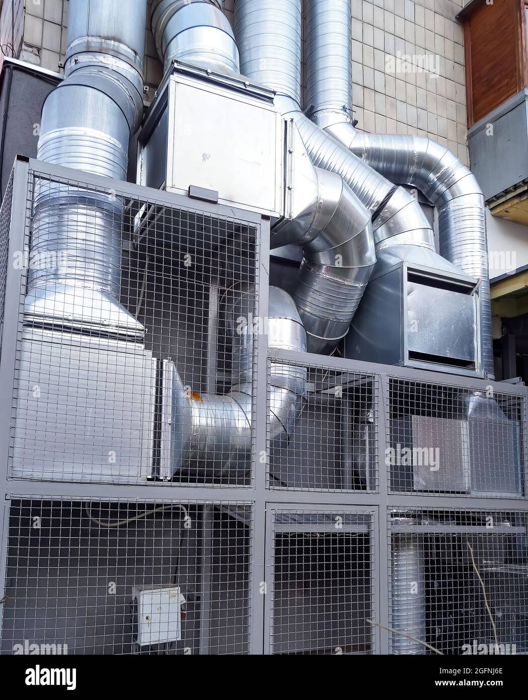 Outdoor system of industrial ventilation pipes. Air duct and air