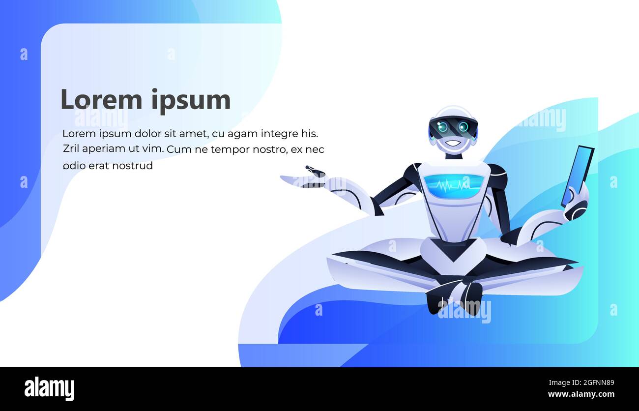 modern robot sitting lotus pose robotic character using tablet pc artificial intelligence technology concept Stock Vector