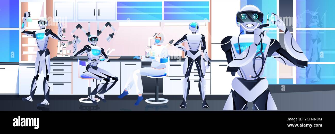 robots with scientist in protective suit making experiments in lab ...
