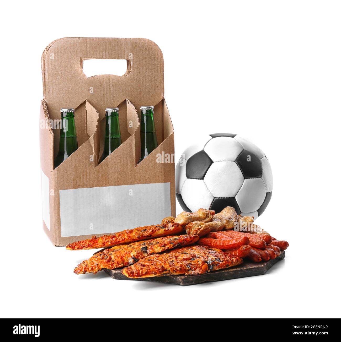 Ball, snacks and bottles of beer isolated on white Stock Photo Alamy