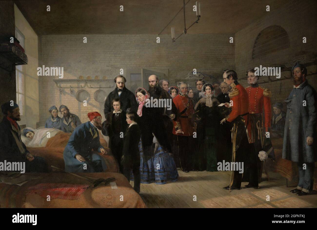 Queen Victoria (1819-1901). Queen of United Kingdom. Queen Victoria's First Visit to her Wounded Soldiers. The Queen visiting the Crimean war wounded at Brompton Hospital, Chatham, on 3rd March, 1855 with her husband Prince Albert and their two sons, Prince of Wales and Prince Alfred. Painting by Jerry Barrett (1824-1906). Oil on canvas (148 x 219,3 cm), 1856. National Portrait Gallery. London, England. Stock Photo