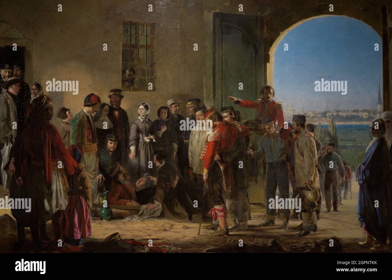 The Mission of Mercy: Florence Nightingale receiving the Wounded at Scutari. Painting by Jerry Barrett (1824-1906). Oil on canvas (147 x 218,2 cm), 1857. National Portrait Gallery. London, England, United Kingdom. Stock Photo