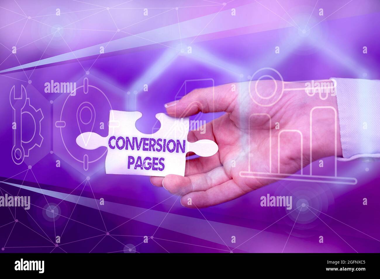 Text caption presenting Conversion Pages. Word for appears in response to  clicking on a search engine Hand Holding Jigsaw Puzzle Piece Unlocking New  Stock Photo - Alamy