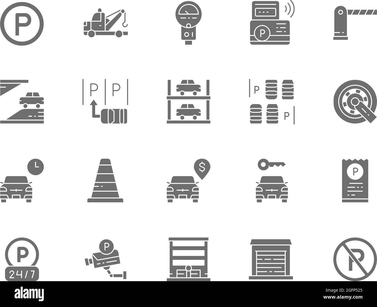 Set of Car Parking Grey Icons. Tow Truck, Car Wheel Lock, Traffic Cone