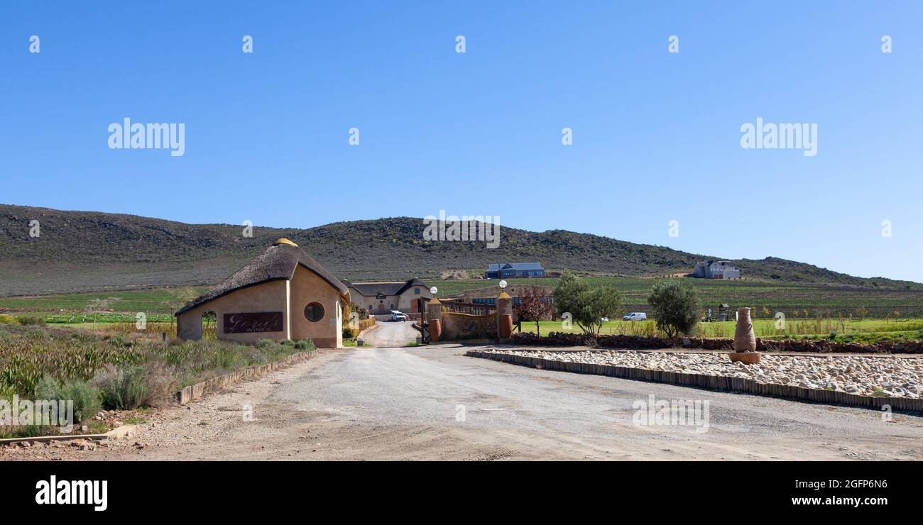 Entrance to Lords Wines in the Riviersonderend Mountains near McGregor, Western Cape, South Africa with their cellars and wine tasting venue Stock Photo