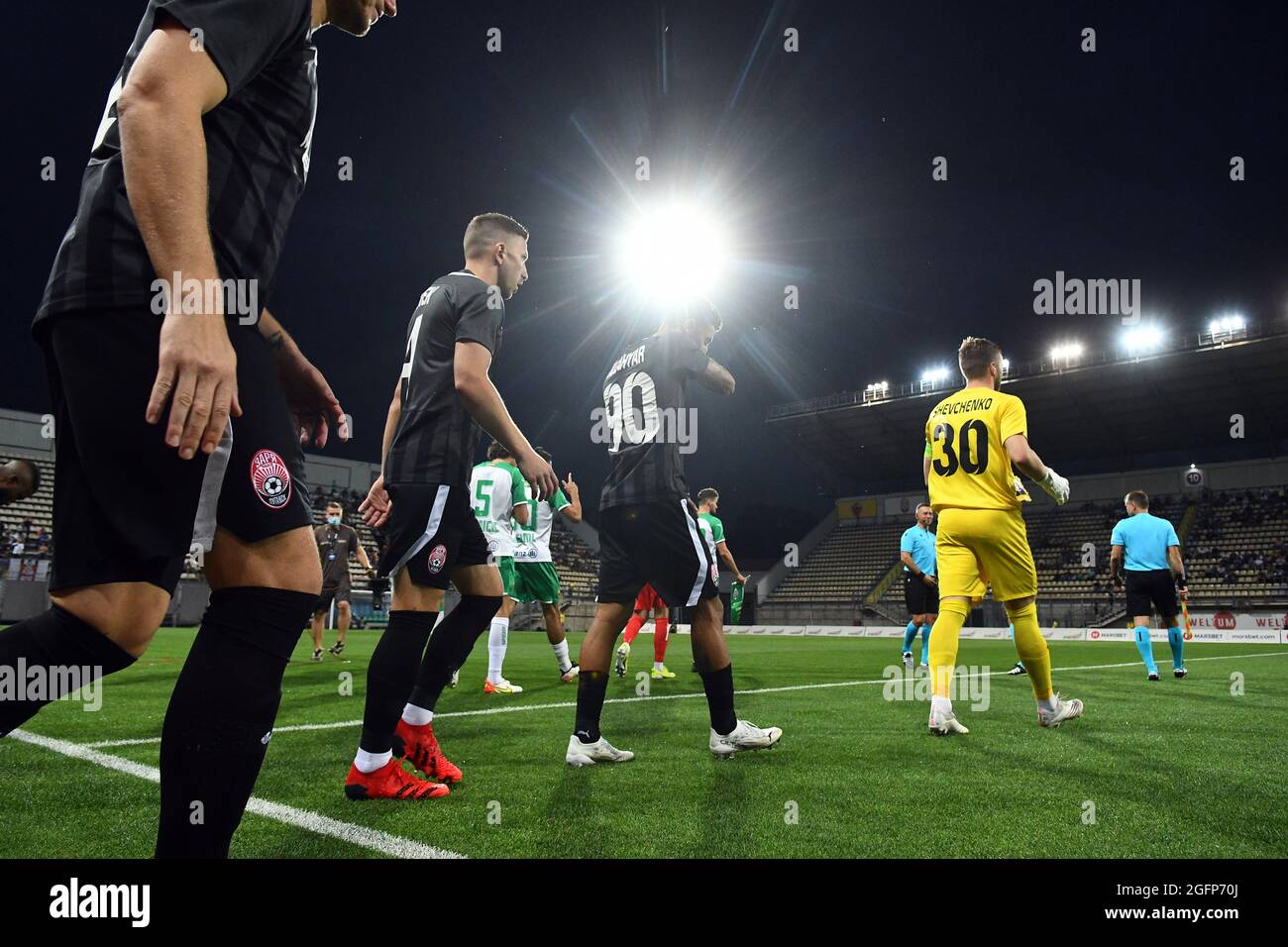 ZAPORIZHZHIA, UKRAINE - AUGUST 26, 2021 - Players of FC Zorya Luhansk emerge from the tunnel before the 2021/2022 UEFA Europa League play-off 2nd leg game against SK Rapid Wien at the Slavutych Arena, Zaporizhzhia, southeastern Ukraine. Stock Photo