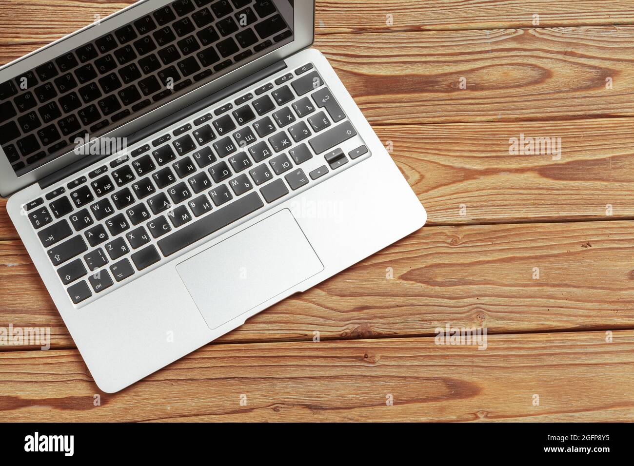 Business work place with equipment on wooden desk, top view Stock Photo