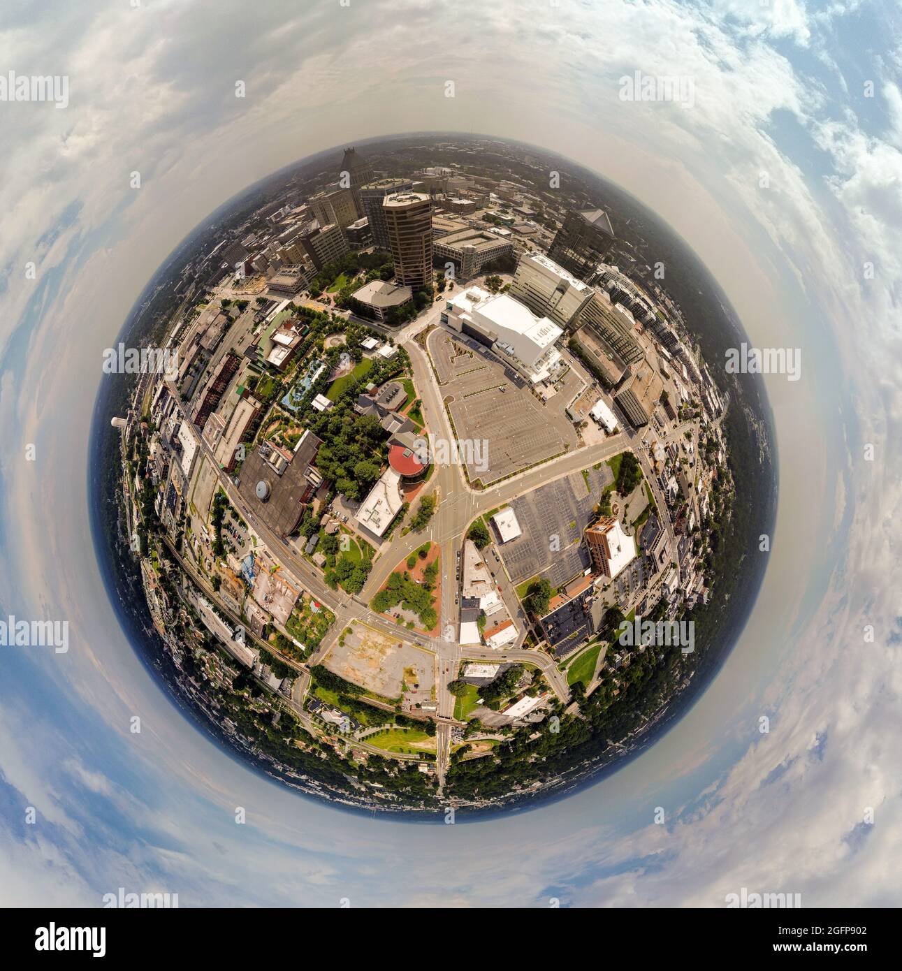 Aerial view of Downtown Greensboro in North Carolina through a fisheye ...