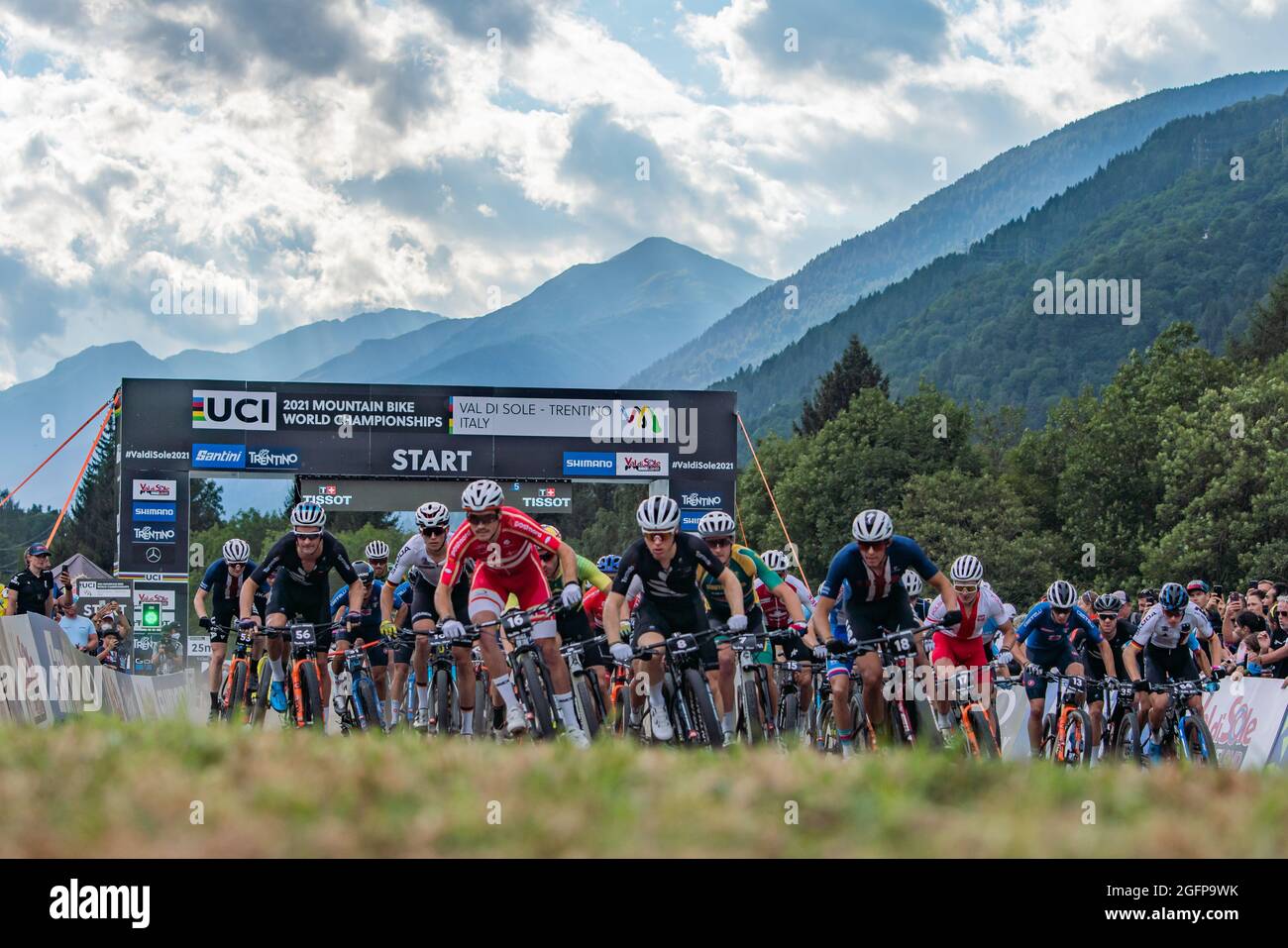 Start during the Cross Country Short Track XCC at the 2021 MTB World Championships, Mountain Bike cycling event on August 26, 2021 in Val Di Sole, Italy - Photo Olly Bowman / DPPI Stock Photo