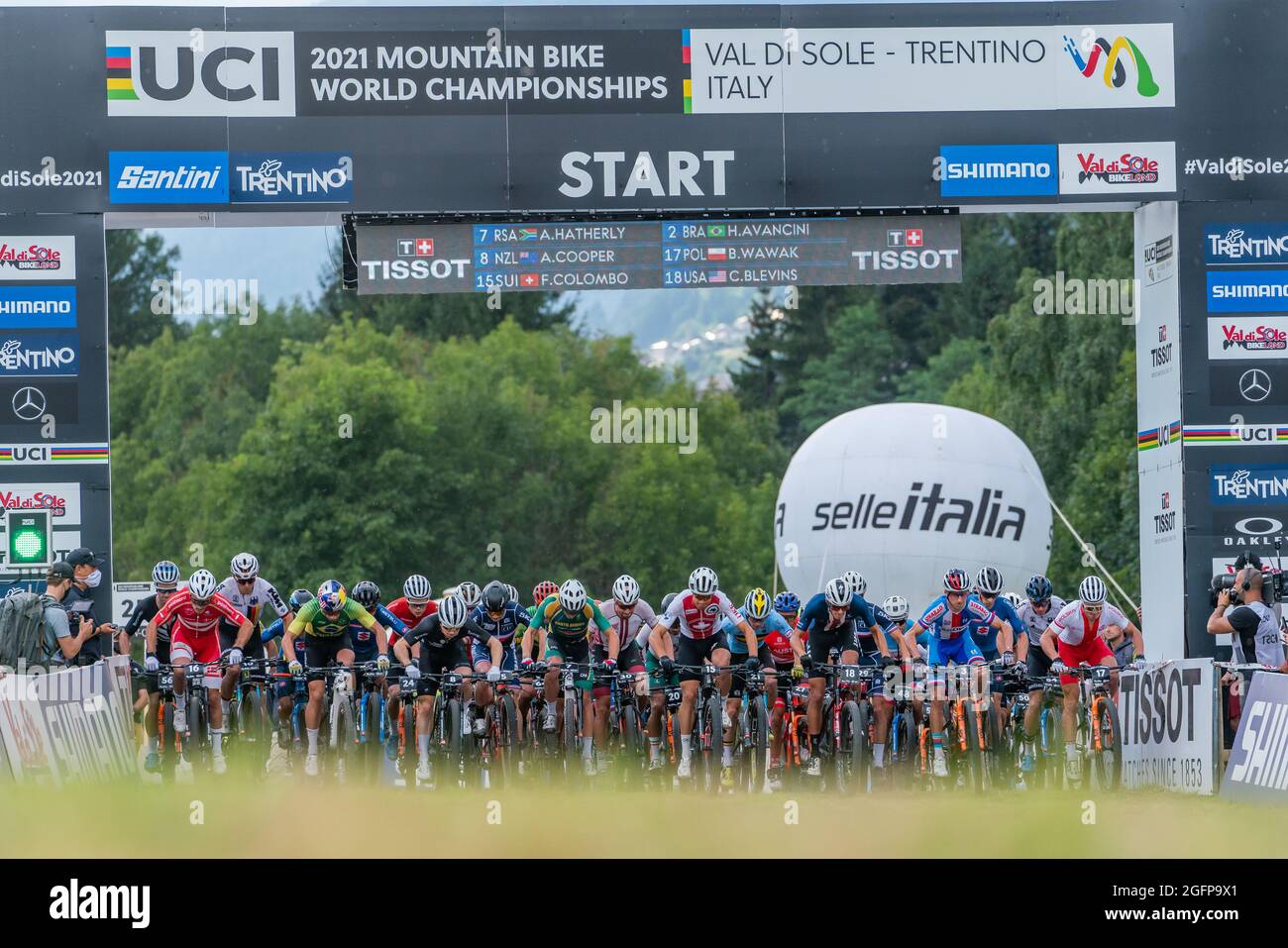 Start during the Cross Country Short Track XCC at the 2021 MTB World Championships, Mountain Bike cycling event on August 26, 2021 in Val Di Sole, Italy - Photo Olly Bowman / DPPI Stock Photo