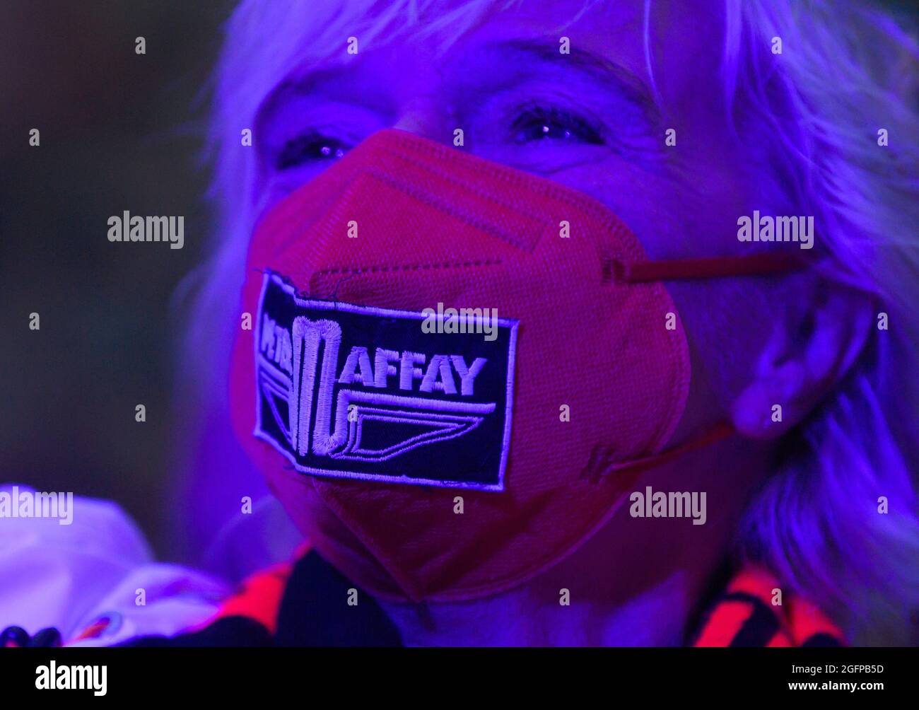 Dresden Germany 26th Aug 2021 A Female Fan Of The German Singer Peter Maffay Wears A Mask With The Inscription Peter Maffay At The Start Of His Anniversary Tour At The Open Air
