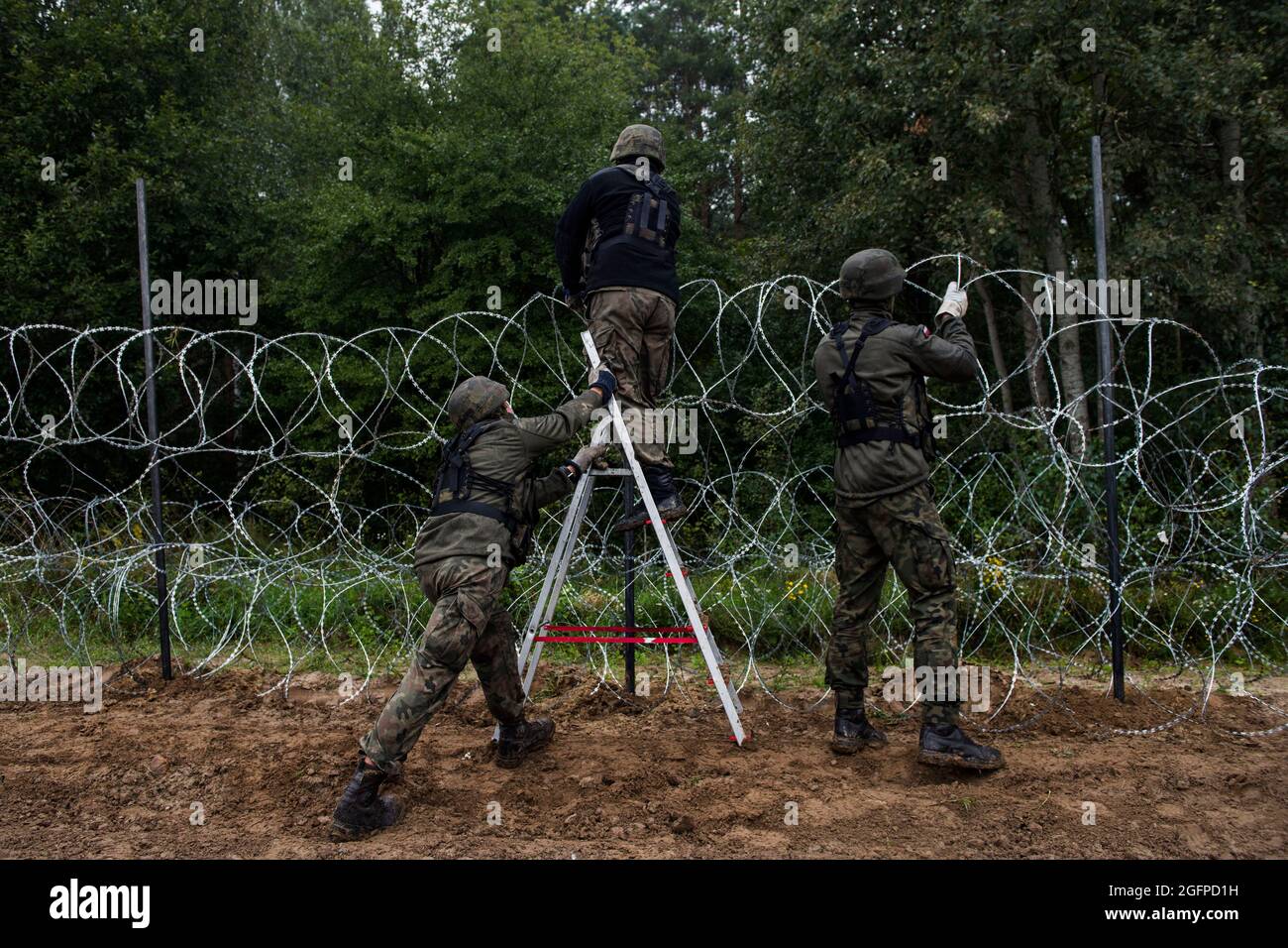 Zubrzyca Wielka, Poland. 26th Aug, 2021. Polish soldiers are seen building a fence along the border with Belarus.Polish army is building a 2.5 meters high barbed wire fence along its border and EU border at the same time with Belarus to stop the recent surge in illegal crossings, mainly by people from Iraq and Afghanistan. Warsaw and Brussels have accused Minsk of deliberately facilitating the passage of migrants into the European Union. Credit: SOPA Images Limited/Alamy Live News Stock Photo