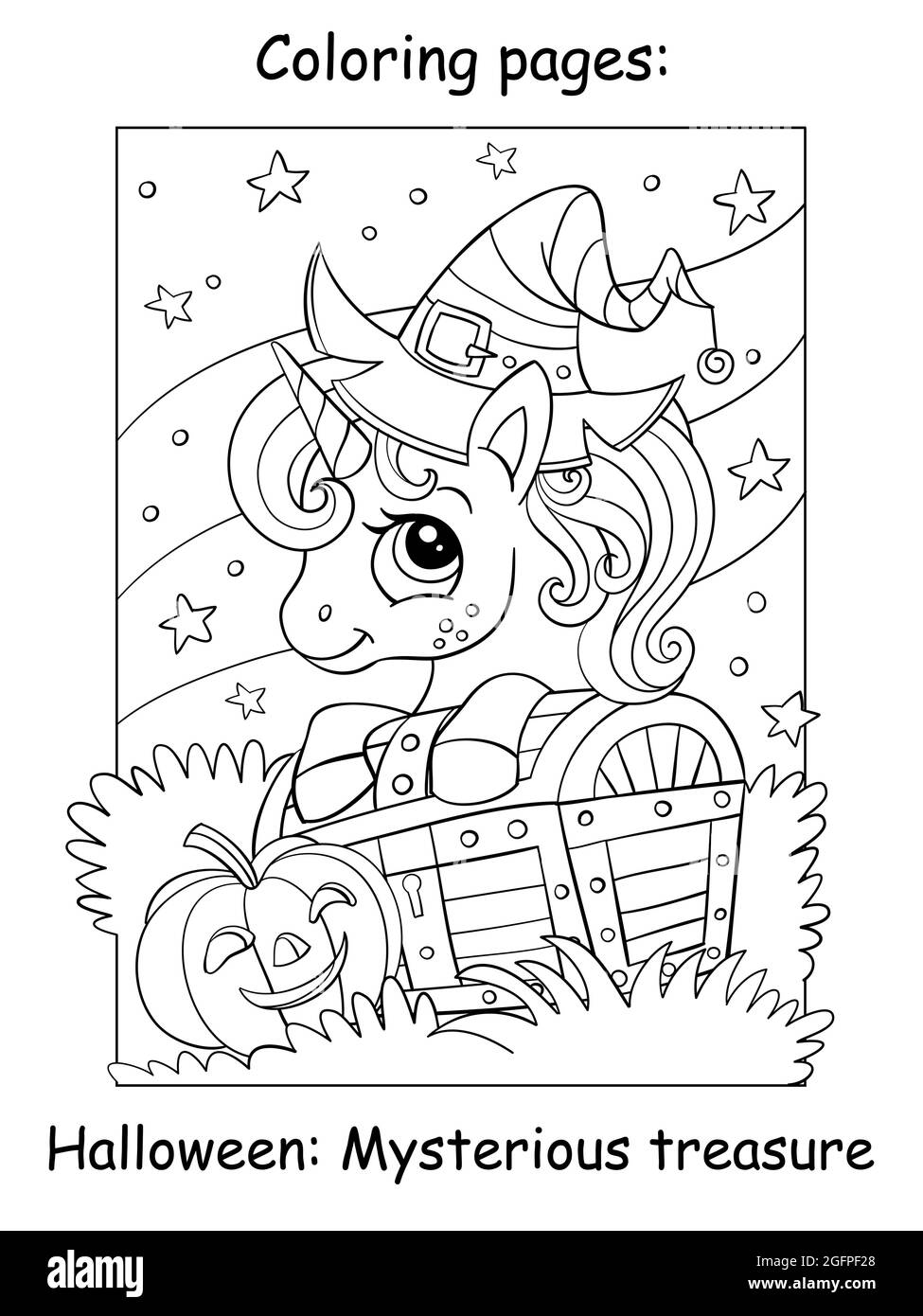 Cute unicorn in hat of witch peeks out from behind a treasure chest. Halloween concept. Coloring book page for children. Vector cartoon illustration. Stock Vector