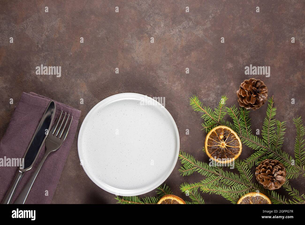 Christmas table setting. View from above. Place for your text. Stock Photo