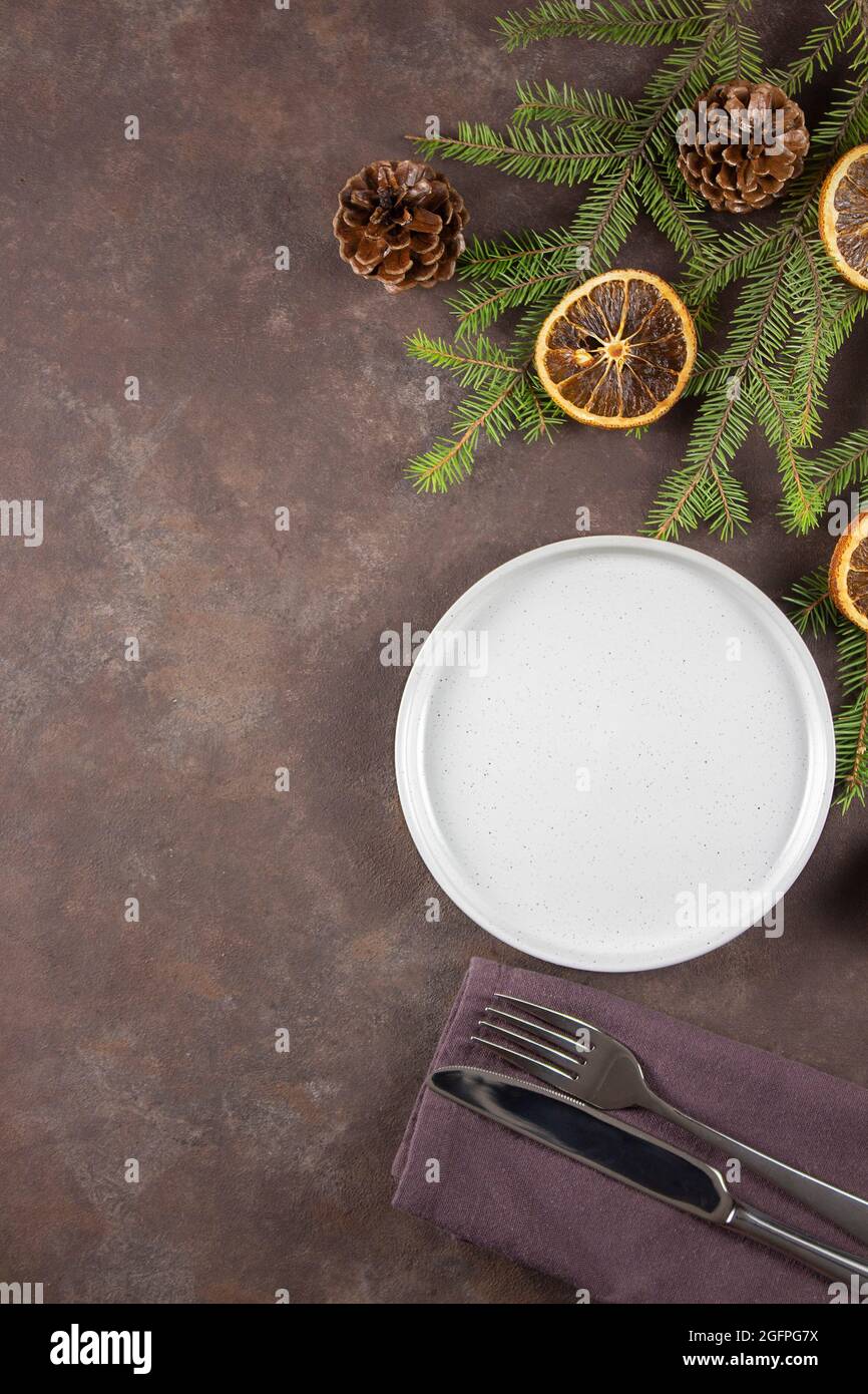 Christmas table setting. View from above. Trend. Copy space Stock Photo