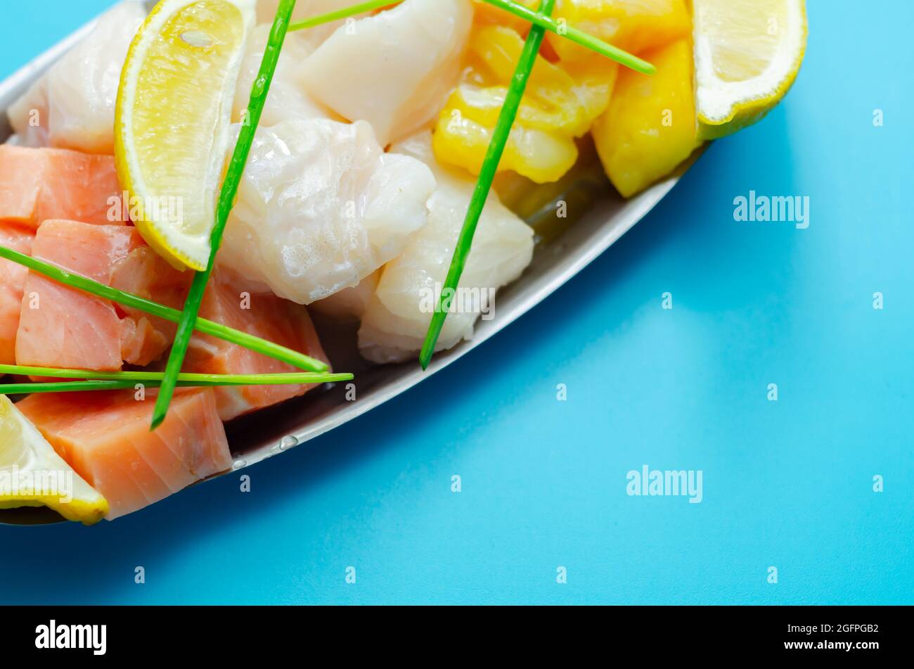 Fish pie mix, defrosted, skinless and boneless cod, dyed smoked haddock