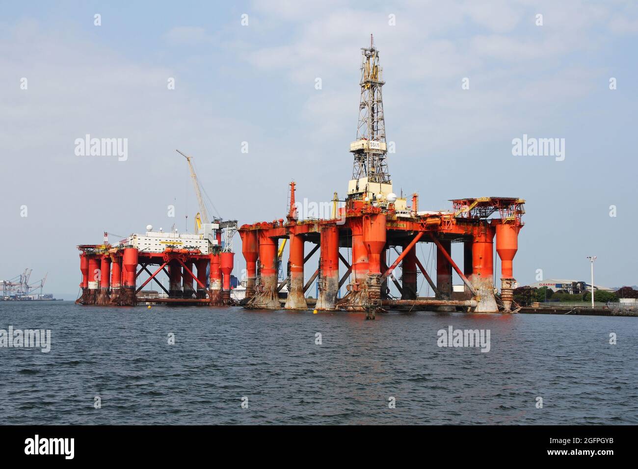 The drilling rig 'Borgny Dolphin' and accomodation platform 'Borgholm Dolphin' moored in Belfast harbour, Northern Ireland, UK Stock Photo