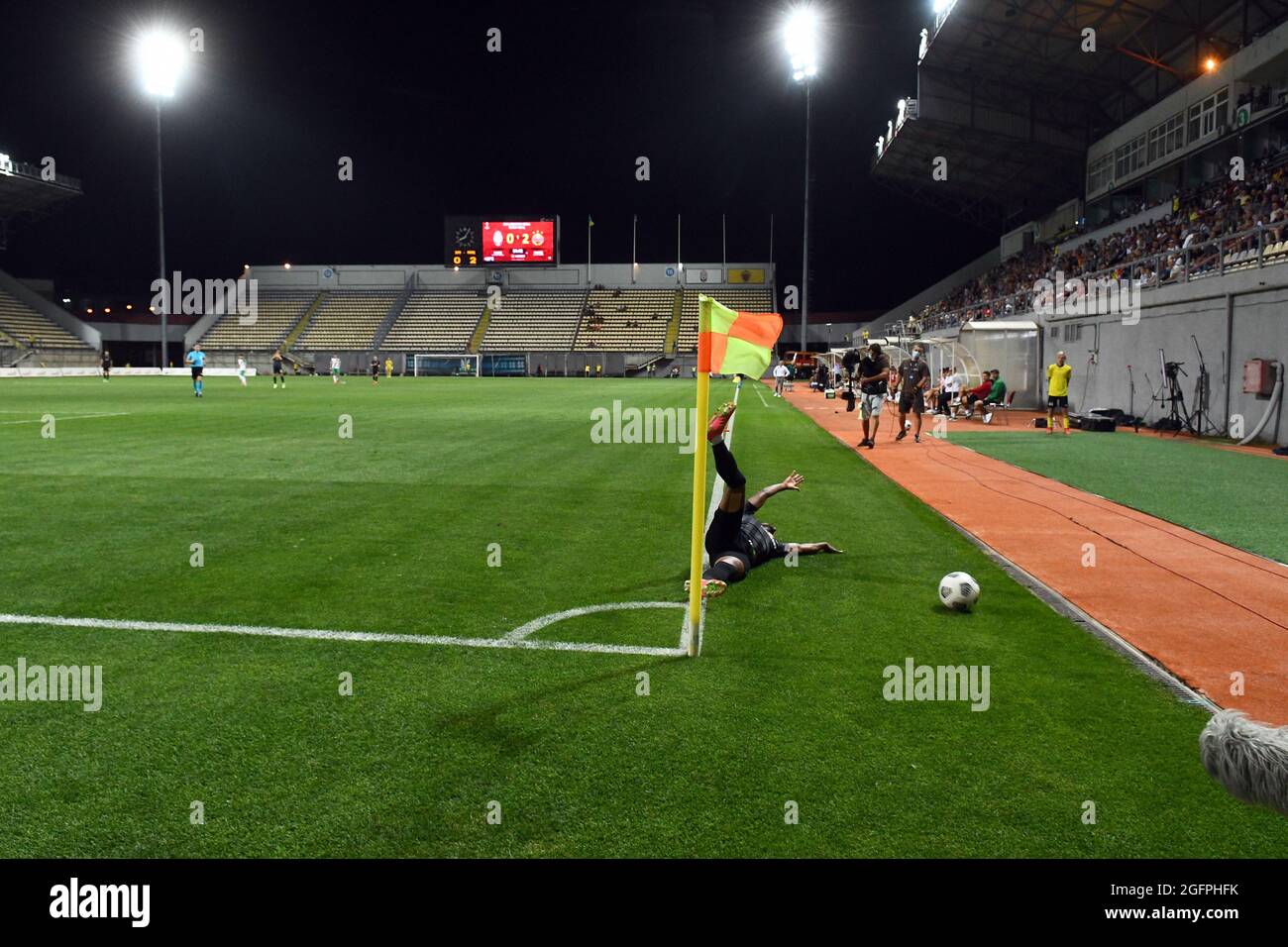 ZAPORIZHZHIA, UKRAINE - AUGUST 26, 2021 - A player of FC Zorya Luhansk falls on the pitch during the 2021/2022 UEFA Europa League play-off 2nd leg game against SK Rapid Wien at the Slavutych Arena, Zaporizhzhia, southeastern Ukraine. Stock Photo